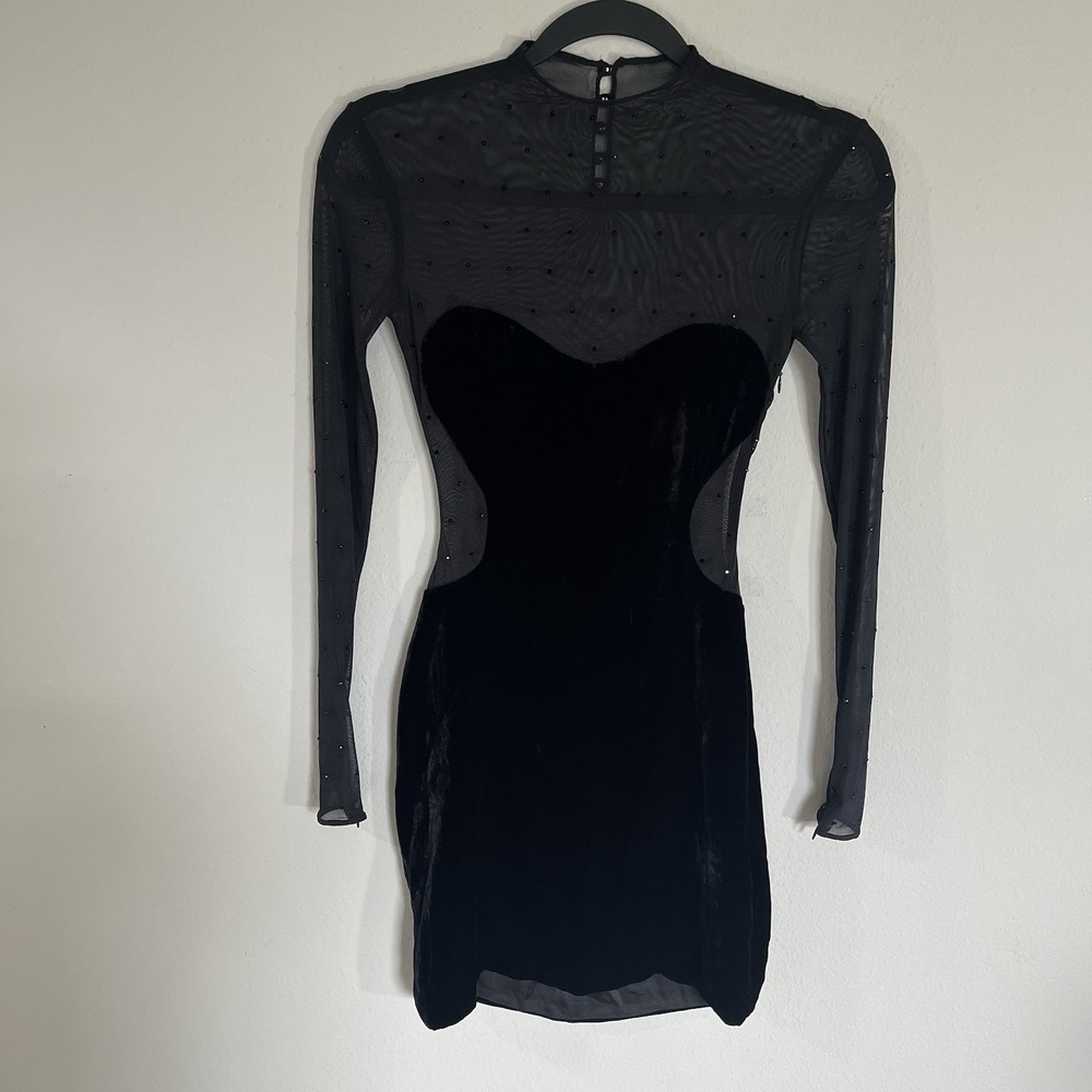 Retrofête Delmer Mini Dress Size XS Black Velvet Embellished Mesh Sheer Sexy